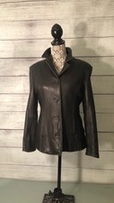 Tibor Leather Jacket Coat Black Buttons Pockets Notch Lapel Long Sleeve S