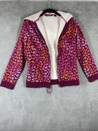 Lands End Girls Hoodie Medium Pink Full Zip Cheetah Sherpa Comfortable Jacket - Picture 2 of 15