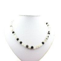 Steine Und MinéRaux. Halskette Perlen Quarz Rutil Schwarz 8 MM Kette Stahl Ino