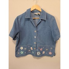 Koret City Blues Vintage Denim Floral Embroidered Button Up Shirt Blue Large