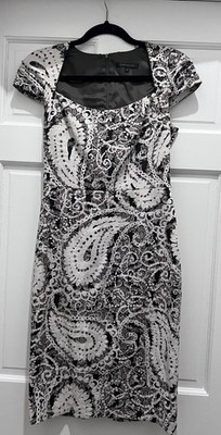David Meister Black & White Paisley Cap Sleeve Sweetheart Neck Dress 2 Pre-Owned