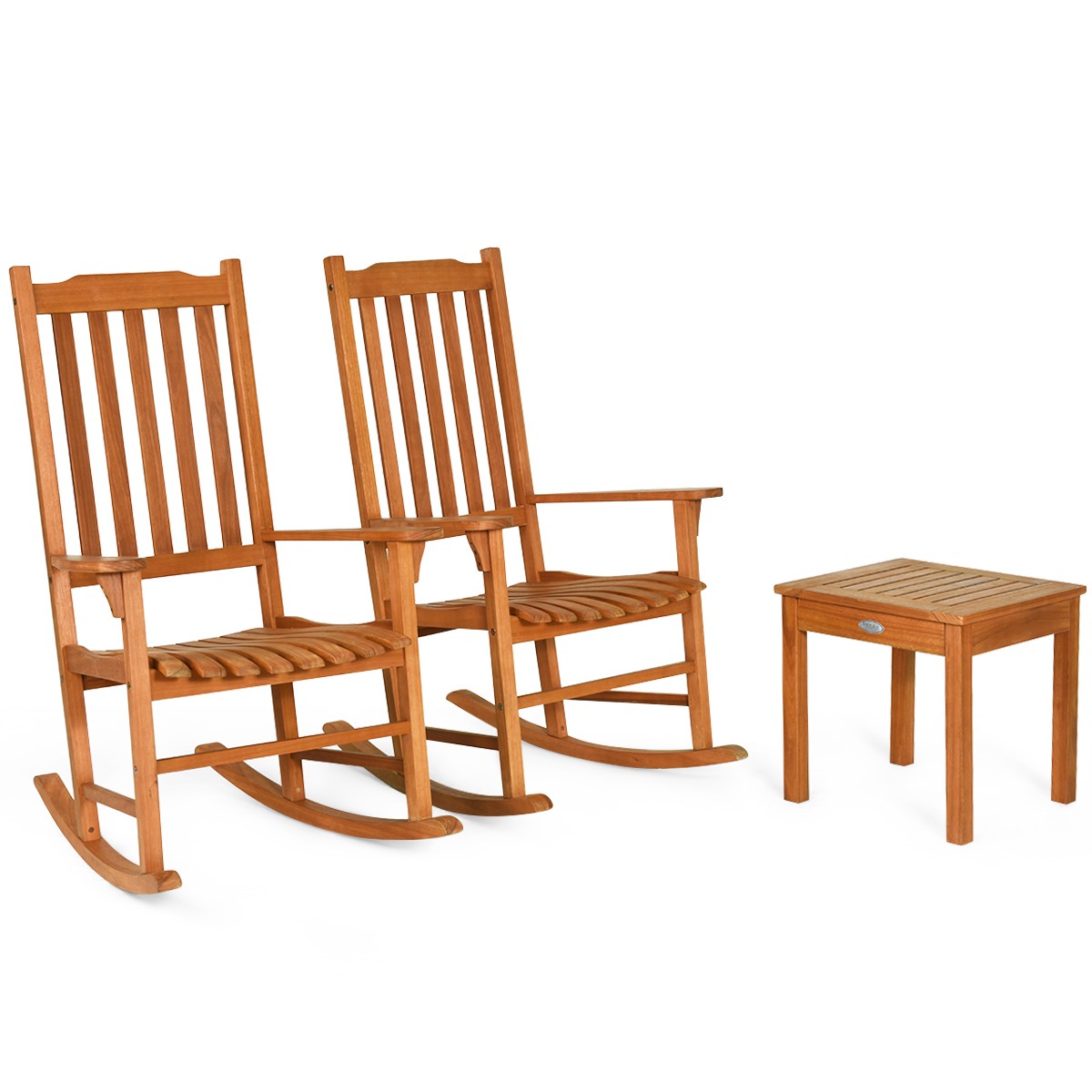 3-Set Eucalyptus Rocking Chair Set Beach W/Coffee Table 2 Conversation Chairs