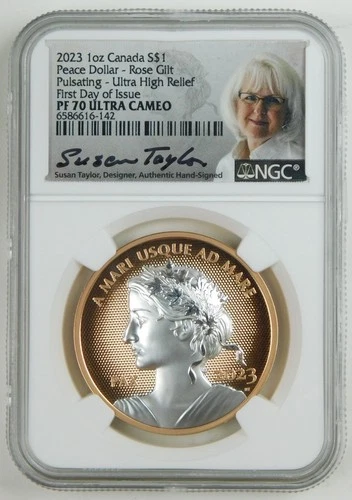 2023 Canada $1 Rose Gilt UHR Peace Dollar NGC PF70UC FDOI  1 Oz Silver C2859