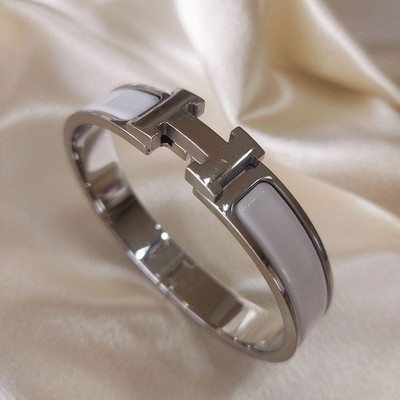 HERMES Clic H Silver White Hardware Patent Leather Bangle GM w/Box
