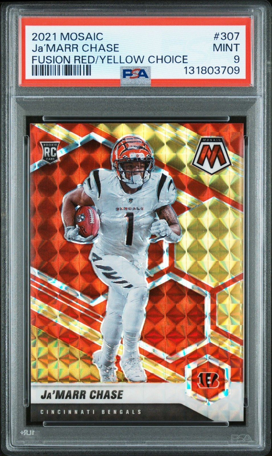 Ja'Marr Chase 2021 Panini Mosaic #307 Fusion Red/Yellow Choice RC /80 PSA 9
