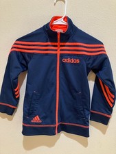 Adidas Kids Track Jacket Size 7 Navy Orange Full Zip 3 Stripe Athletic Gym