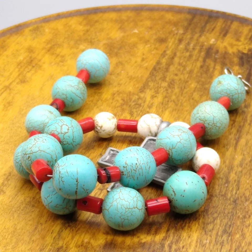 Howlite Beaded Pendant Necklace, Celtic Cross in Pewter Tone with Blue and White - Image 4 of 4