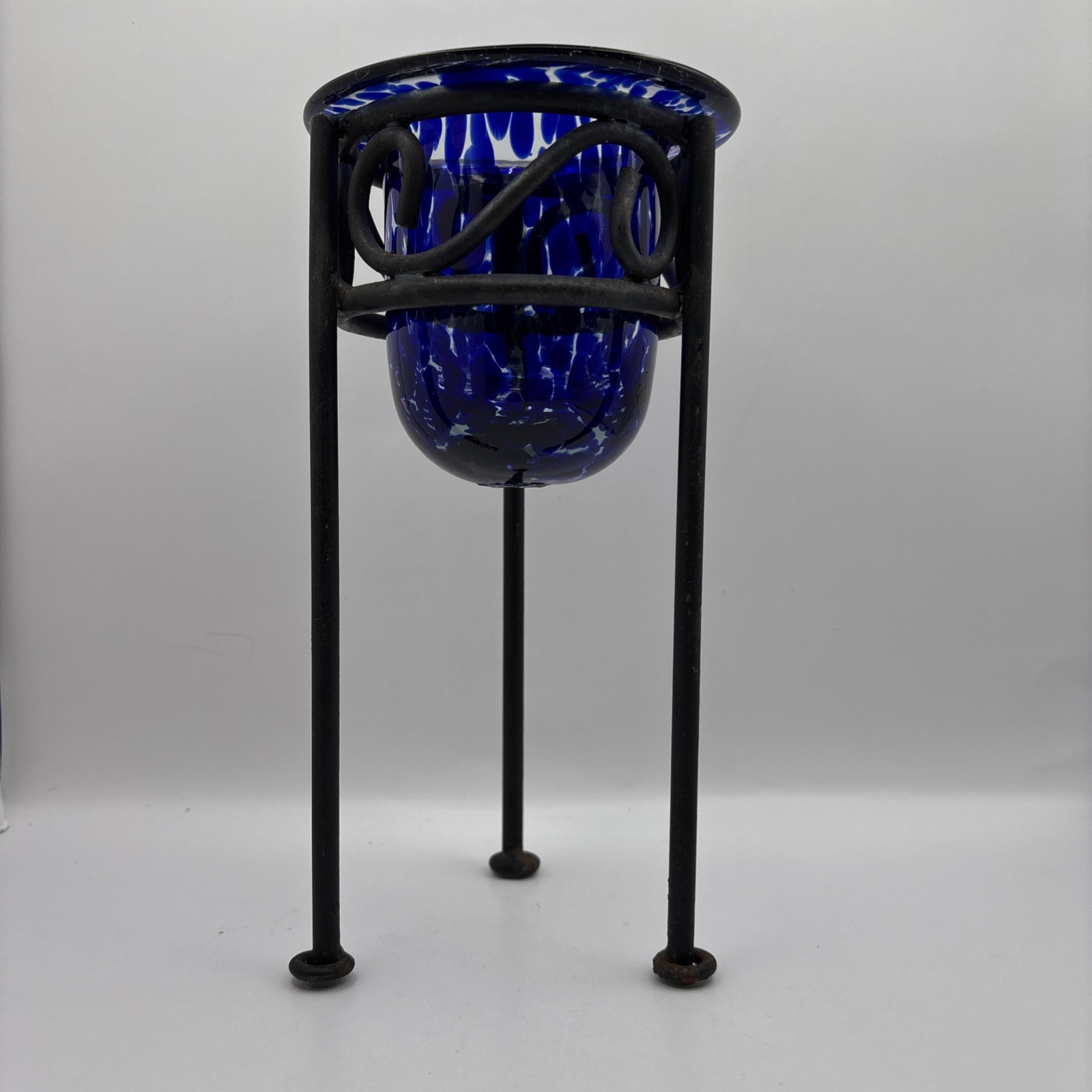Handblown Blue Clear Glass Candle Holder on Black Metal Stand