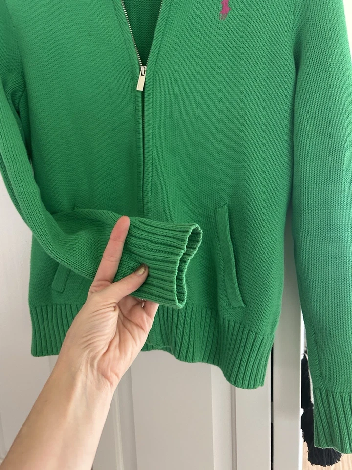 Suéter Ralph Lauren Sports Vintage Feminino Verde com Zíper Logotipo Rosa Pônei M - Imagem 3 de 4