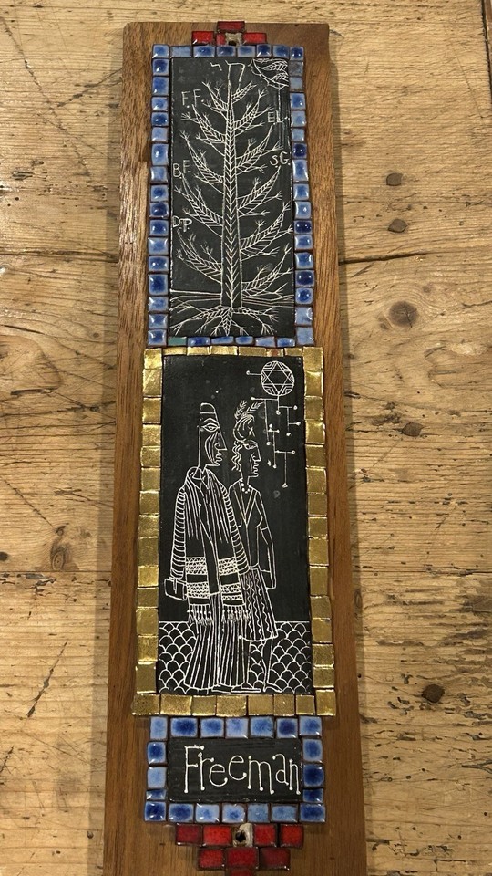 A signed Dave Holleman mid-century mosaic tile panel combining sgraffito incised design with tilework — a museum-quality one-of-a-kind art object.