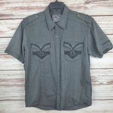 Affliction Premium Mens XL Gray/Black Emroidered Short Sleeve Button Down Shirt
