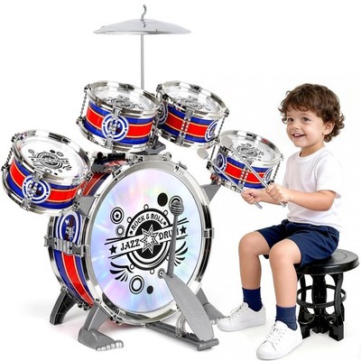 Kids Drum Set for Toddlers 1 3, Light-Up 5pcs Beginner Drum Set with Stool