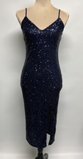 Retro Navy Sequin Bodycon Dress MIDI Large V-neck Front Slit Cocktail Holiday