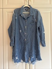 Missguided Blue Denim Oversized Distressed Shirt Dress Long Sleeve Size 16