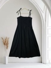 Gap Women’s Smocked Linen Blend Midi Dress Size Large Black Tie Sleeves NWT $59