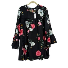 Nwt’s Old Navy Black Blouse 4X Floral Ruffled Bell Sleeve Flowy Crochet Pink