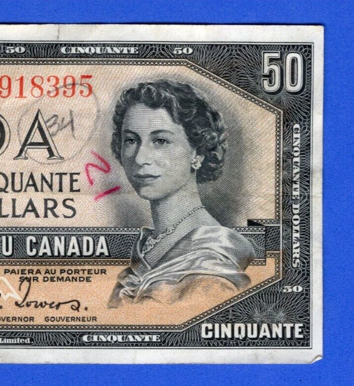 CANADA $50 1954 BC-34a / P-71a  QE II Circulated DEVIL'S FACE 👿   A/H 0918395 - Image 3 of 3