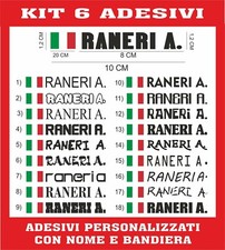 6 ADESIVI NOME + BANDIERA PERSONALIZZATO BICI MOTO CASCO AUTO SCUOLA RALLY B09