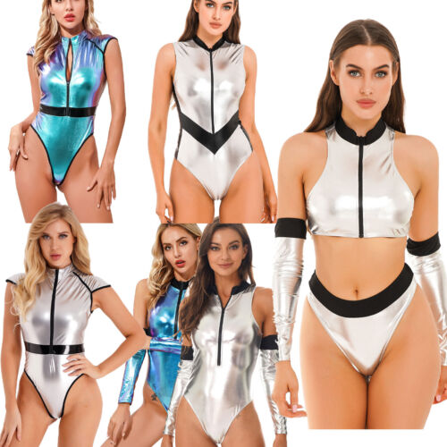 US Womens Shiny Metallic Bodysuit One Piece Sleeveless Leotard Rompers Swimsuit - Picture 1 of 95