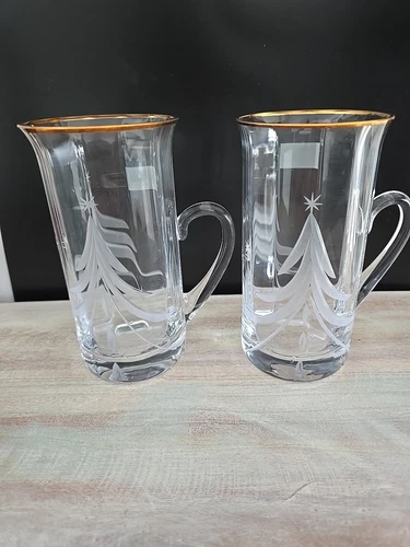 Mikasa Slovenia Crystal Mugs Etched Christmas Tree Gold Rim Tall NEW Set Of 2