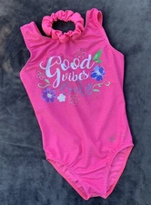 DESTIRA Leotard GOOD VIBES ONLY Gymnastics BLING Bodysuit SCRUNCHI Pink CHILD L