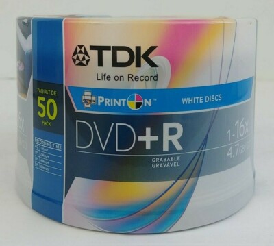 TDK DVD+R 50 Pack 16X 4.7GB Grabable White Discs Blank Media Spindle Case