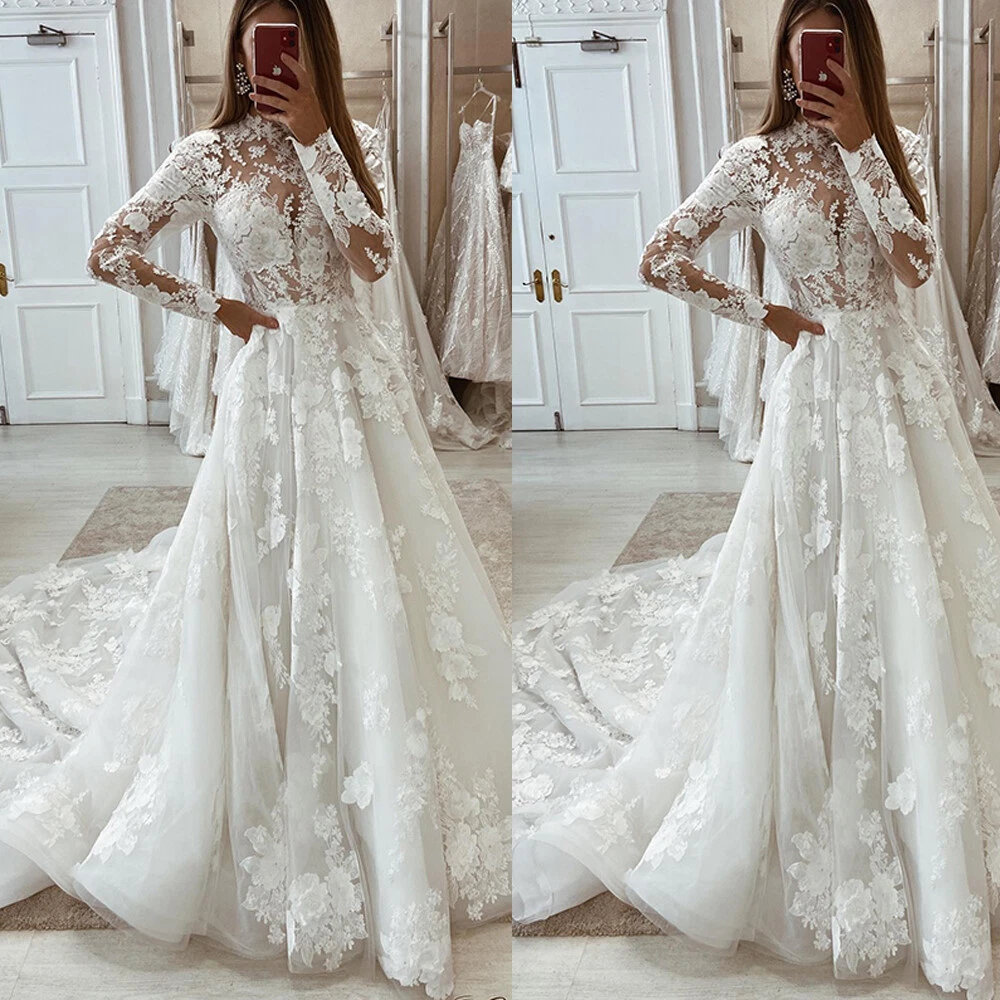 long sleeve a line wedding dress