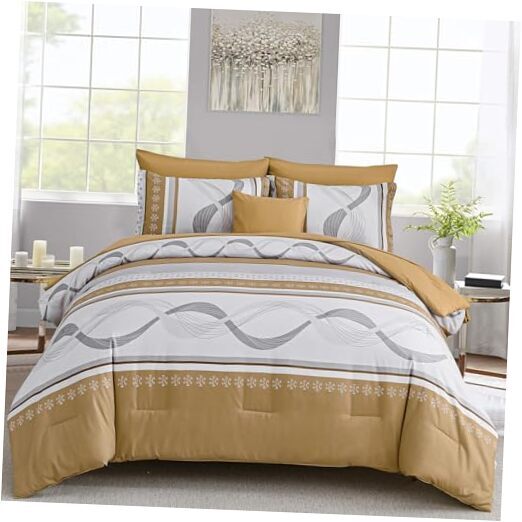 Comforter Set Size,8 Pieces Boho Bed in a Bag Patchwork Striped Queen Khaki-image