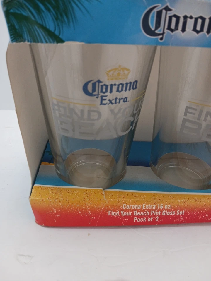 Corona Extra 16 oz "Find Your Beach" Pint Glass Set of 2 Home Pool Bar Foto 4 de 4