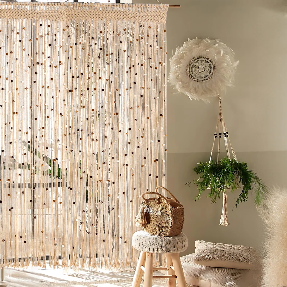 2Pcs Macrame String Curtain w/ Wooden Beads Hippie Hanging Tapestry Room Divider - Image 2 of 4