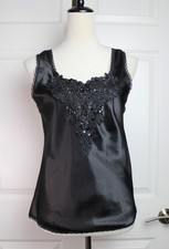 VTG Cinema Etoile Black Satin Lace Trim Beaded Sequin Crochet Camisole Size Med