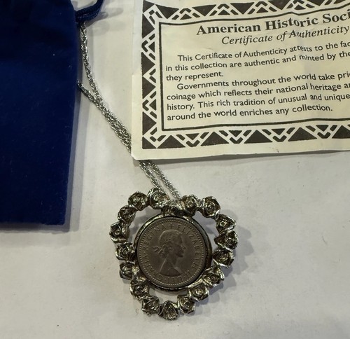 Vintage 1960 Queen Elizabeth II Lucky Six Pence Coin Heart Pendant 24” Necklace - Picture 3 of 13
