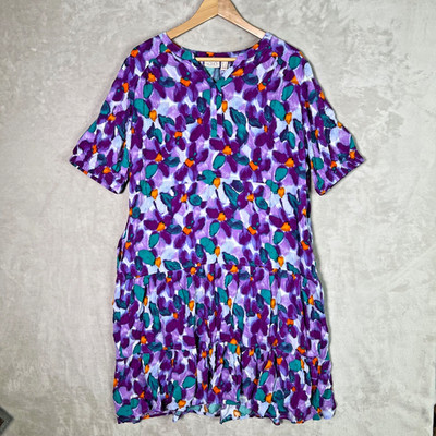 LOGO by Lori Goldstein Dress Sz L Printed Woven Tiered Pocket Purple Resort