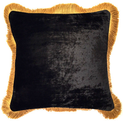 Anke Drechsel Cushion PLAIN Gold Fringe Black Silk Velvet Pillow Kissen Schwarz
