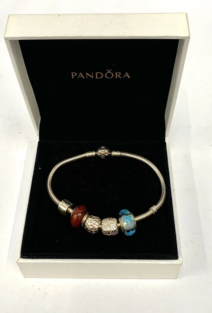 Pandora 925 ALE Silver Charm Bracelet with 4 Charms & 1 Clip includes Box 31.9gm