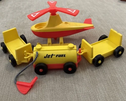 Vtg Fisher Price Little People Yellow Orange Helicopter & Jet Fuel Gas Tanker