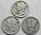 1916, 1917, 1919-D Mercury Silver Dimes; Nice Lot of Three (3) Coins.