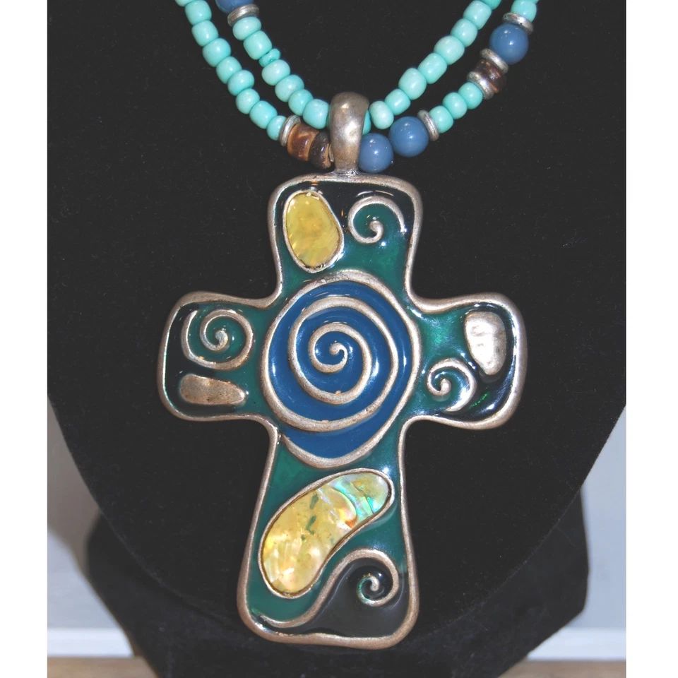 Y2K Collar Cruz Colgante Cuentas Esmalte Ajustable Azul Tono Plata Foto 3 de 4