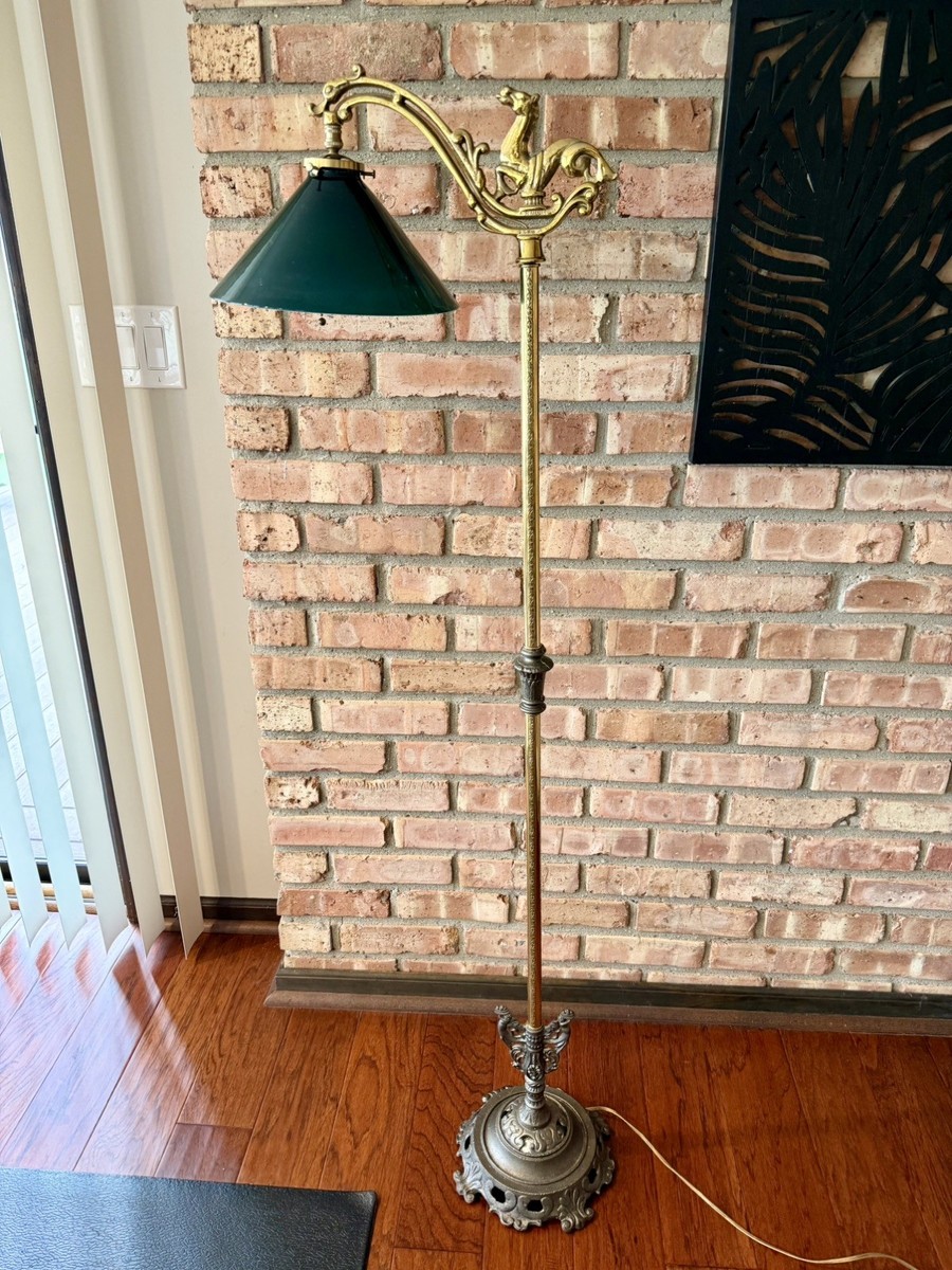 VTGE HORSE BRIDGE ARM BRASS FLOOR LAMP w/Green Glass Swissvale