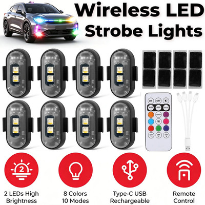 4/8 Wireless LED Strobe Light RGB 8 Colors Rechargeable Flashing Warning Lights