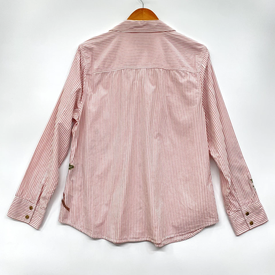 Blusa feminina Nine West Mindy tamanho XL listrada vermelha bordado floral botão de pressão - Imagem 3 de 4