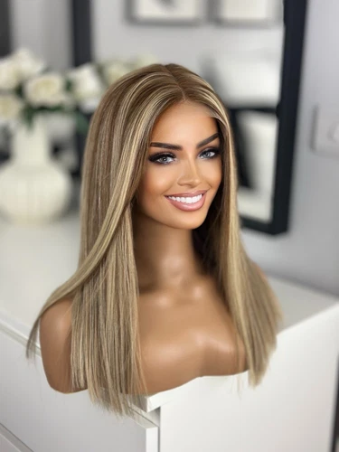Hervorgehobene Brondie blond warm braun Lace Bob 16" 100% Echthaar Glatthaar Perücke - Bild 1 von 13