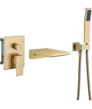 Waterfall Tub Filler Faucet Wall Mount w/ Hand Shower, Brushed Gold, High Flow