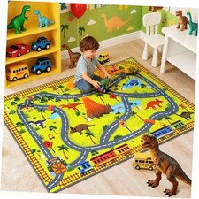Jurassic Park Kids Rug with Road Tracks - Dinosaur Themed Play Mat for Toy