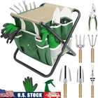 10 Piece Garden Tool Set W/ Folding Stool Tote Bag Ergonomic Stainless Steel New