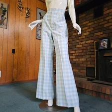 Vtg 70s Mod Hippie High Waist Powder Blue Gingham Huge Bellbottom Jeans Pants S
