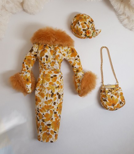 Outfit Dress Bag Hat Fits Barbie Silkstone Doll Handmade Yellow Flower Fur - Picture 7 of 7
