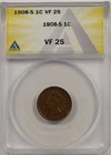 1908-S Indian Head Penny 1C VF 25 ANACS