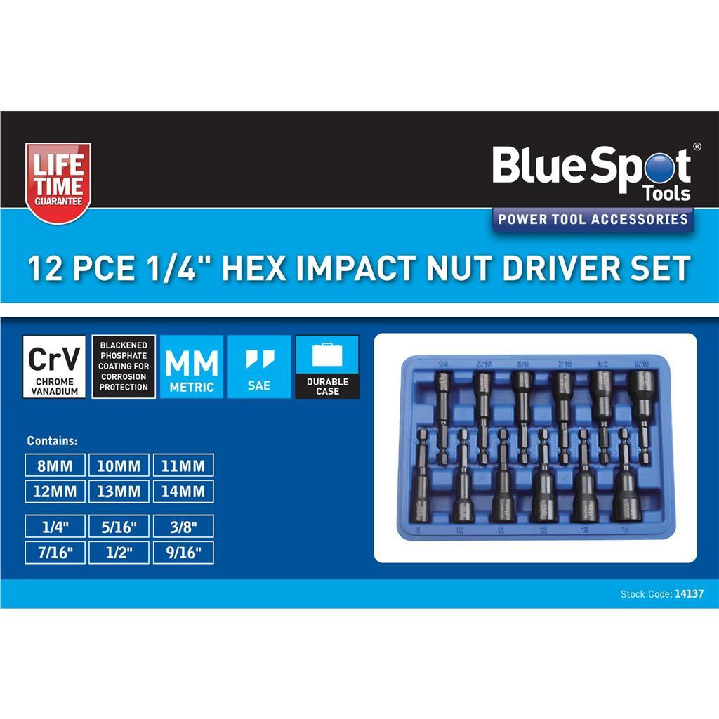 Bluespot 12pc Nut Driver Socket Set Impact Drill Metric SAE Bits Hex
