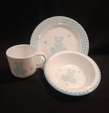 Blue Gingham Teddy Bear 3 Pc. Baby Toddler Melamine Dinner Set  Reed  Barton